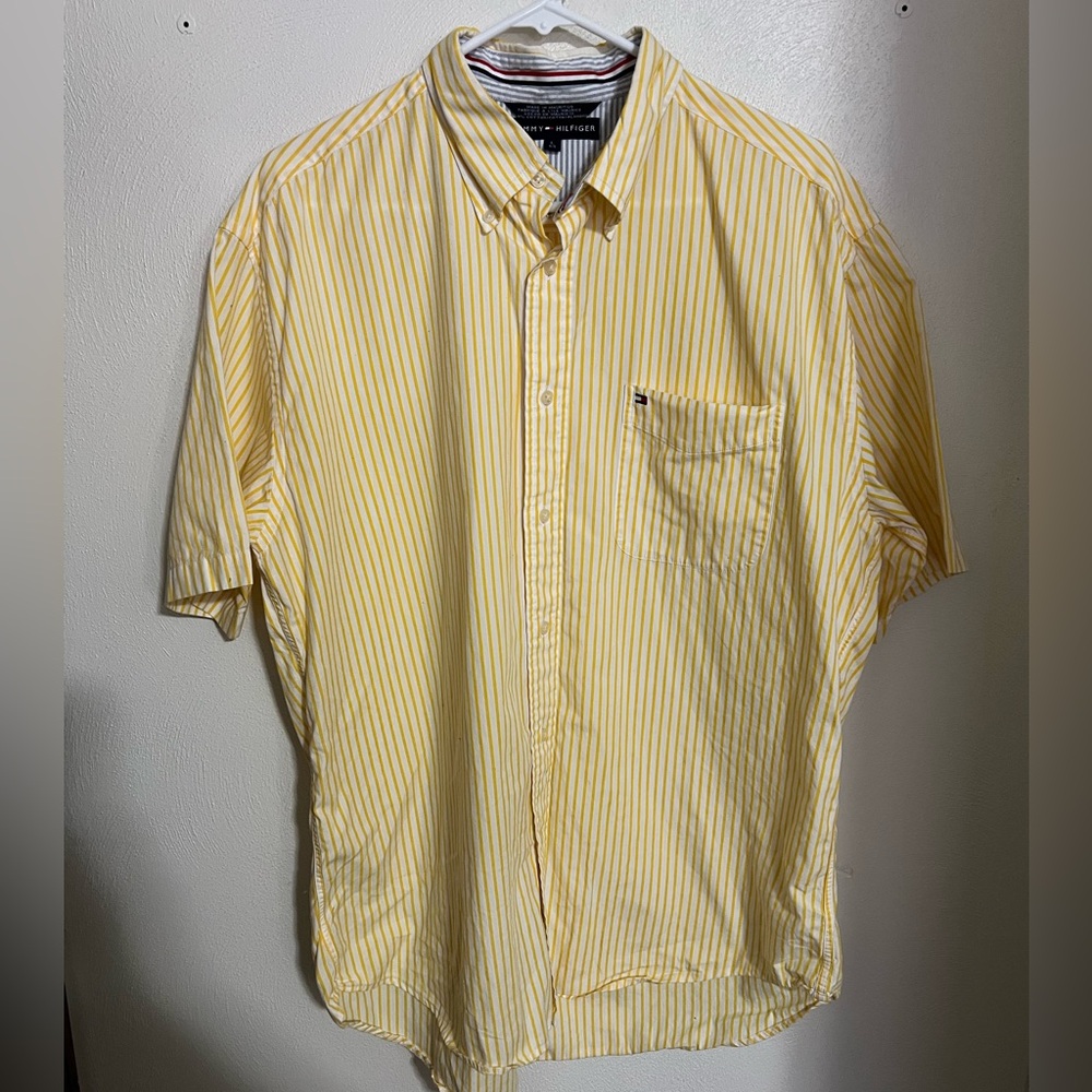 TOMMY HILFIGER Classic Casual Short Sleeve Button Down Shirt Yellow Stripe Men L
